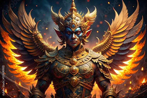 Majestic Garuda: Opulent Golden Armor in Low Light