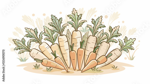 A vibrant illustration of freshly harvested carrots with green tops in a garden setting, representing healthy eating, organic farming, and the joy of gardening for wholesome lifestyles.