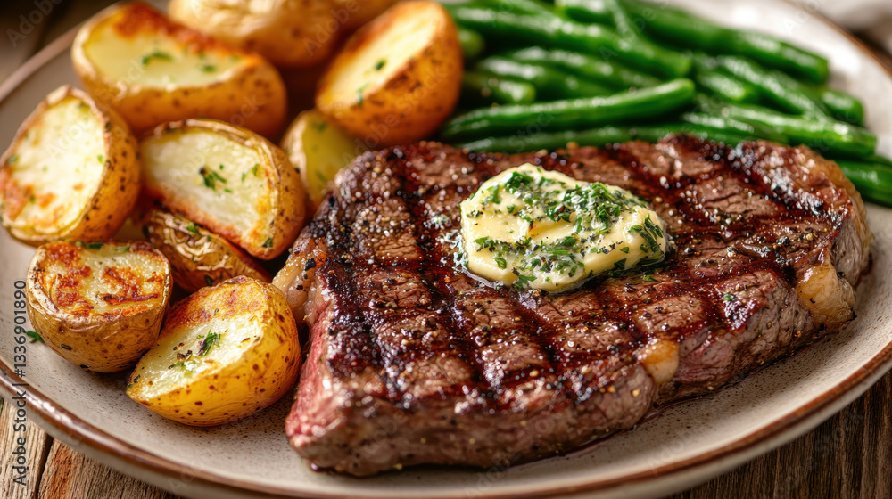 Grilled steak with herb butter, served with roasted potatoes and green beans, hearty dinner plate, rustic wooden table Grilled steak with herb butter, served with roasted potatoes and green beans, hearty dinner plate, rustic wooden table