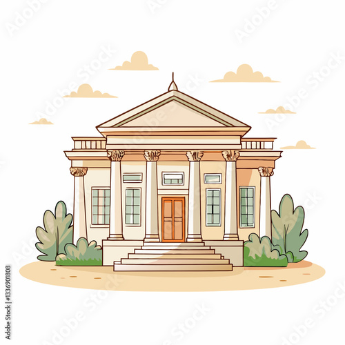 Illustration of a classical building with columns in a tranquil outdoor setting, showcasing architectural beauty, design inspiration, and suitability for educational or cultural content.