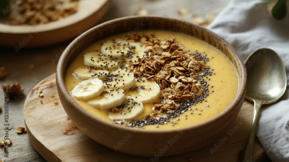 A clean shot of a vibrant smoothie bowl topped with granola, bananas, and chia seeds A clean shot of a vibrant smoothie bowl topped with granola, bananas, and chia seeds