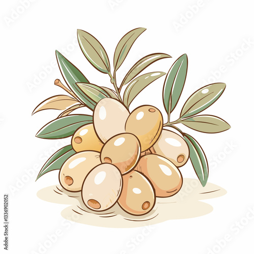 A freshly harvested cluster of light-colored olives surrounded by green leaves on a soft background, representing the essence of Mediterranean cuisine, nature’s bounty, and healthy eating.