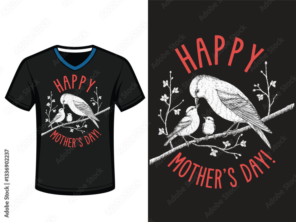 A black t-shirt featuring a graphic design of birds feeding their young A black t-shirt featuring a graphic design of birds feeding their young