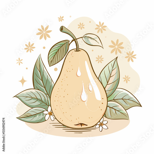A large juicy pear with green leaves and dew drops surrounded by pear leaves and flowers. The concept of fruit freshness and eco-friendly gardening.