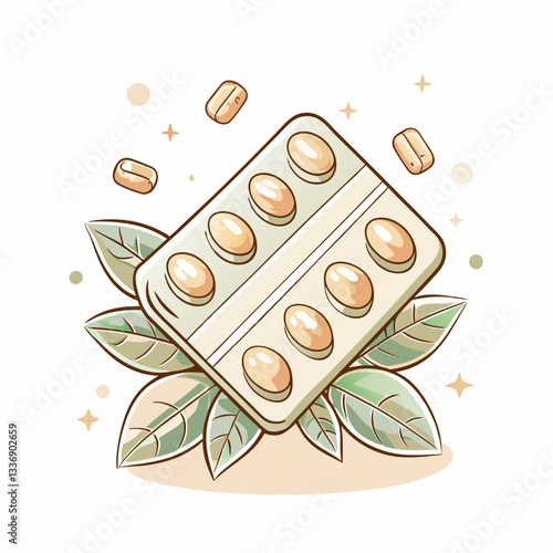 Illustration of a blister pack of capsules surrounded by green leaves, representing health and wellness, suitable for pharmaceutical advertising and natural remedy concepts.