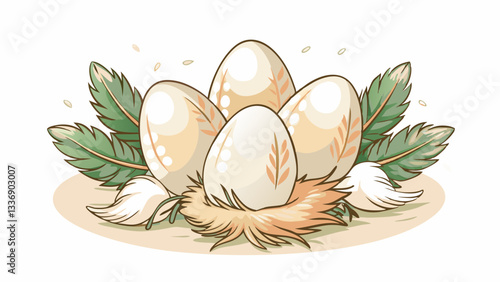 White bird eggs with a botanical pattern in a nest surrounded by feathers. The concept of a large extended family. The epitome of strong family relationships, despite the modest dwelling.
