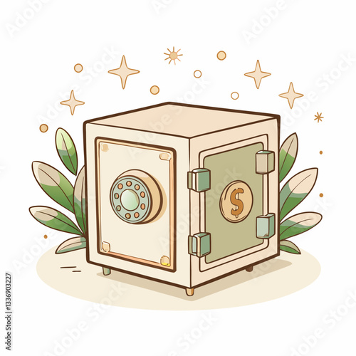 Vector illustration of a secure bank safe, symbolizing financial security and savings, set against a backdrop of stylized foliage and sparkling stars, ideal for finance-related concepts and material.