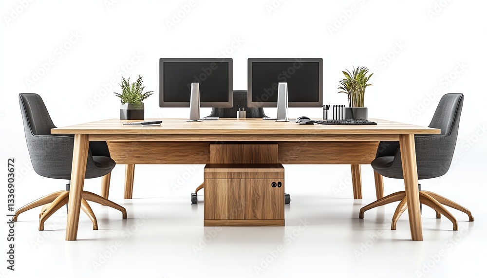 Wooden office table with chairs and computers, minimalistic style, isolated on white background, concept of workspace arrangement 3D Rendering Wooden office table with chairs and computers, minimalistic style, isolated on white background, concept of workspace arrangement 3D Rendering