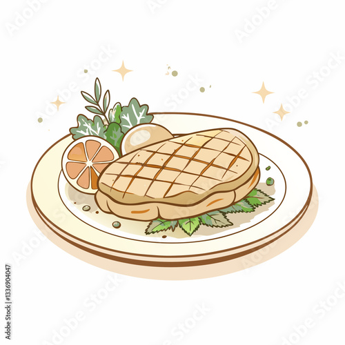 Delicious grilled steak on a plate with lemon, greens, and egg, concept of culinary excellence, gourmet dining, mouthwatering cuisine, enhancing meal presentations, and restaurant menu inspiration.