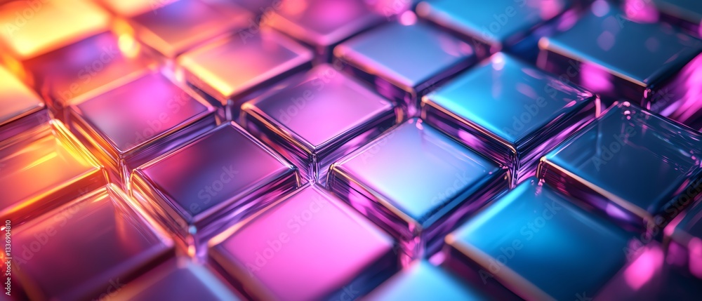Abstract 3D glass squares with colorful neon light emitters and smooth iridescent holographic gradient