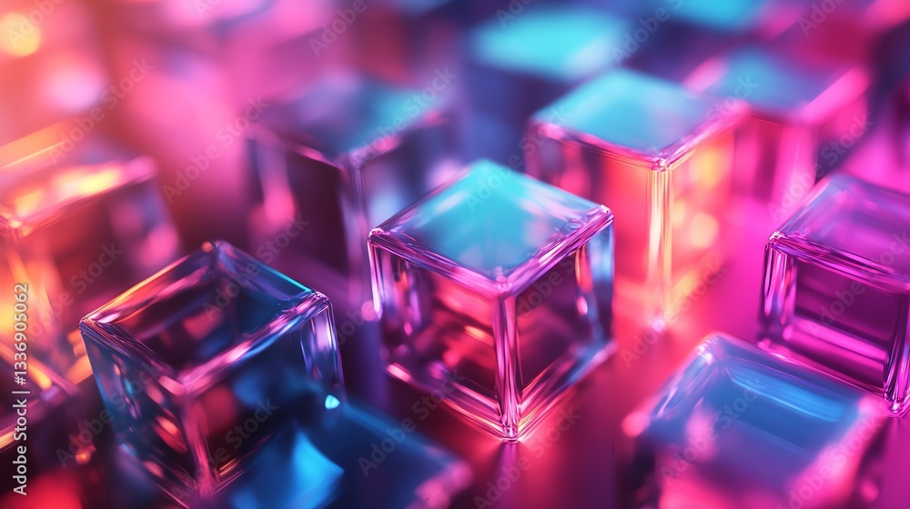 Colorful abstract 3D wallpaper featuring glass squares with neon light emitters and an iridescent holographic gradient Colorful abstract 3D wallpaper featuring glass squares with neon light emitters and an iridescent holographic gradient