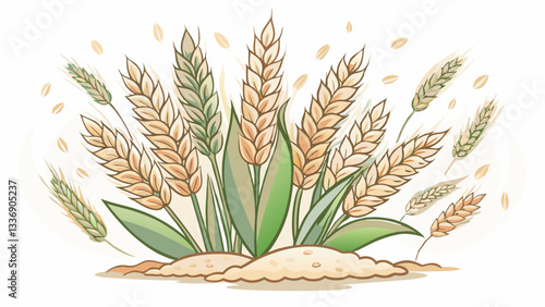 Illustration of wheat plants with golden spikes swaying gently in the wind, representing agricultural abundance, the beauty of nature, and the harvest season for culinary purposes.