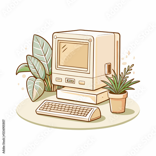 Vintage desktop computer setup with keyboard and plants, showcasing retro technology aesthetic, perfect for illustrating nostalgia and creativity in digital spaces.