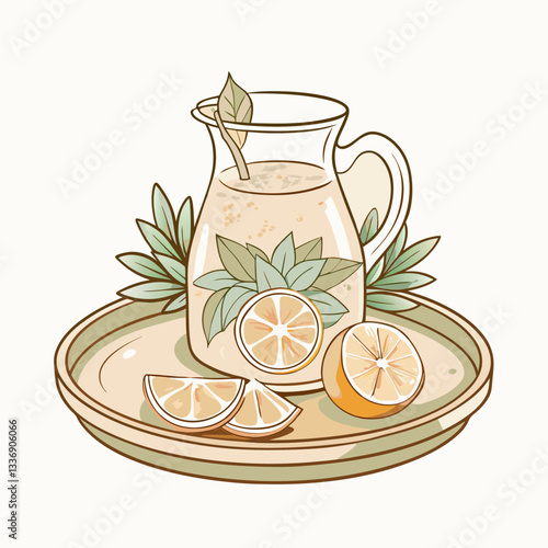 A refreshing pitcher of lemonade garnished with fresh mint leaves and lemon slices, presented on a circular plate, representing summer hydration and DIY beverage crafting.