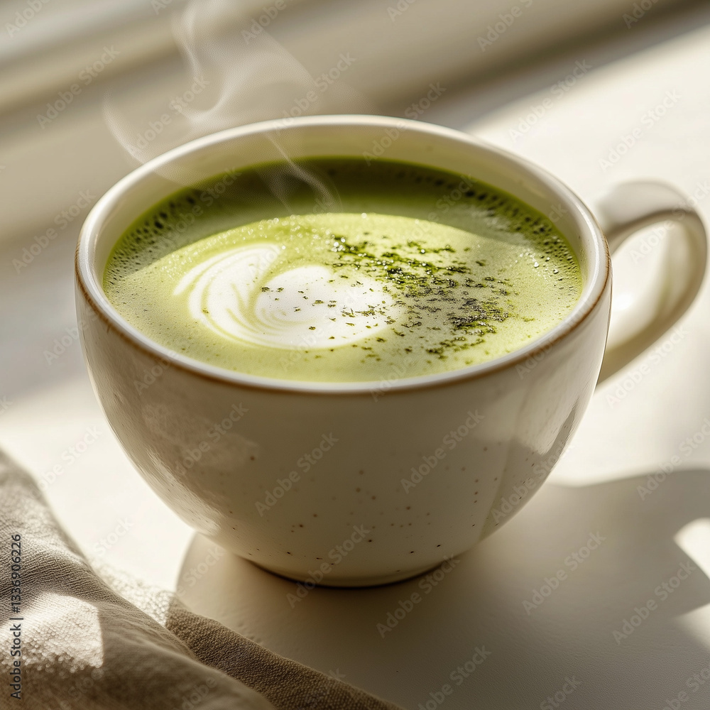 Steaming Matcha Latte with Latte Art in a Cozy Setting Steaming Matcha Latte with Latte Art in a Cozy Setting