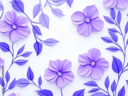 Wallpaper Mural Vibrant purple flowers and leaves arranged artistically on a white background Torontodigital.ca