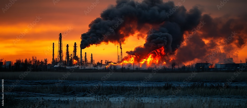 Sunset fire at industrial plant