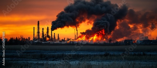 Sunset fire at industrial plant