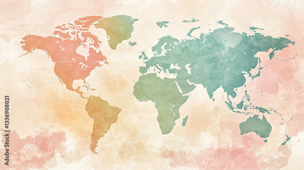 Fototapeta premium Watercolor World Map Travel Exploration And Global Journey Lifestyle Concept Background