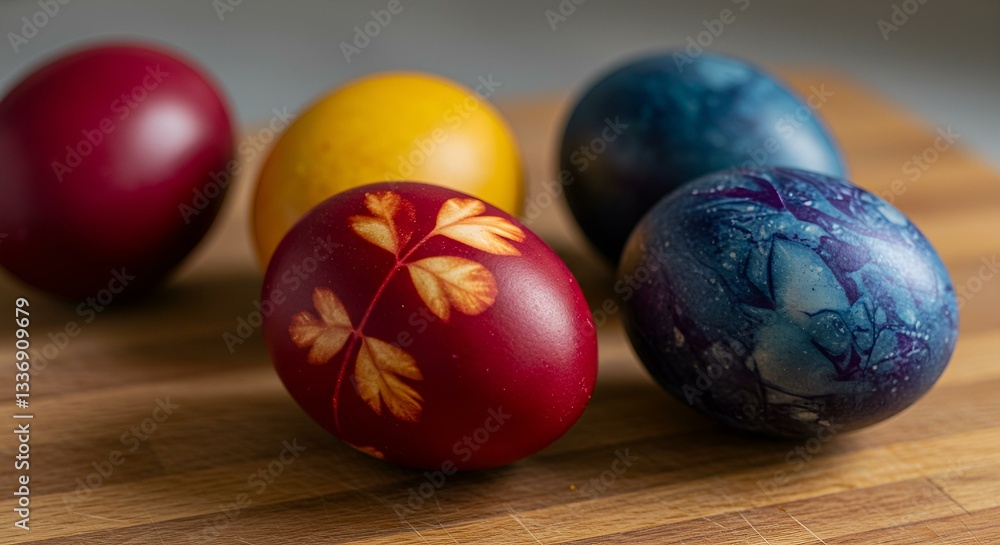 A macro shot of naturally dyed Easter eggs resting on a wooden cutting board A macro shot of naturally dyed Easter eggs resting on a wooden cutting board