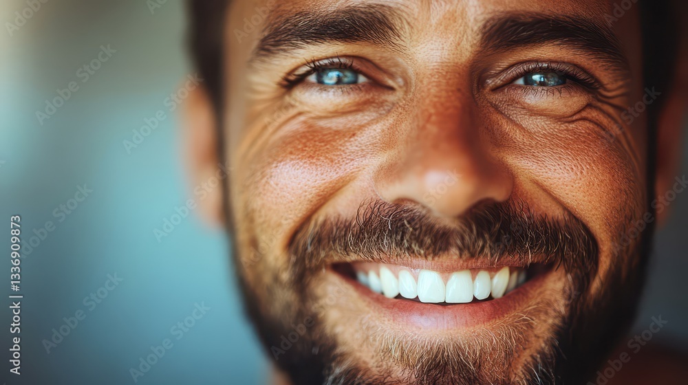 A man with a radiant smile and bright blue eyes stands in soft natural light. His beard complements his joyful expression, capturing a moment of warmth and positivity A man with a radiant smile and bright blue eyes stands in soft natural light. His beard complements his joyful expression, capturing a moment of warmth and positivity