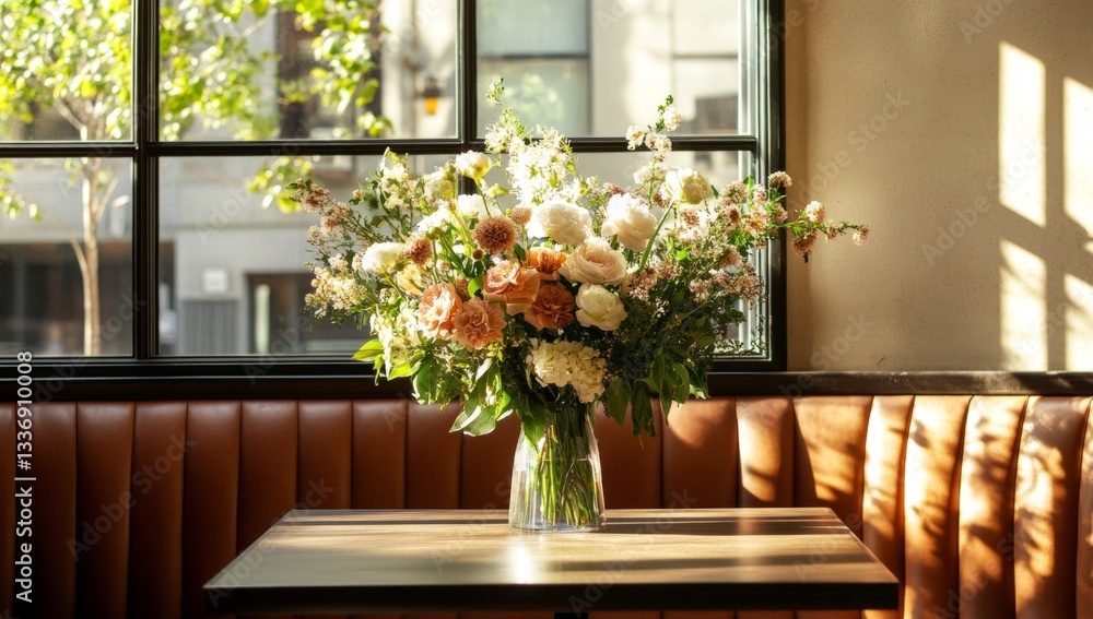 Fototapeta premium A large, mixed bouquet of pastel flowers in a clear glass vase sits on a table in a restaurant, bathed in sunlight streaming through a large window