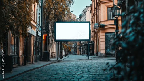 A glowing blank billboard stands on a quiet cobblestone street lined with historic buildings, warm lights, and overhanging trees during dusk.