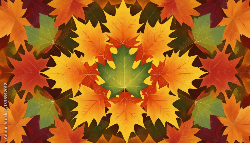 Vibrant autumn leaves in a kaleidoscope pattern on a dark background
Vibrant autumn leaves in a kaleidoscope pattern on a dark background