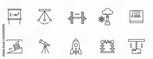 Science and Physics line Icon Set. Laboratory, experiment, chemistry, biology, engineering, medical, research, innovation  . Vector Illustration.
