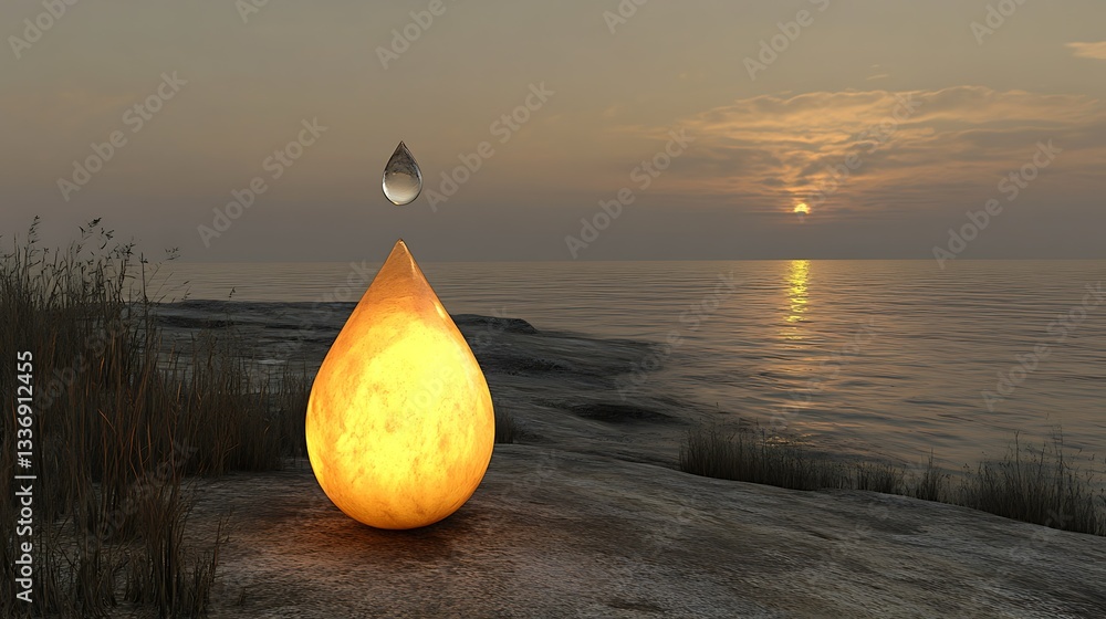 Sunset, ocean, glowing drop, balance