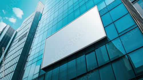 A large blank billboard is mounted on the reflective glass facade of a modern skyscraper, set against a blue sky with scattered clouds.