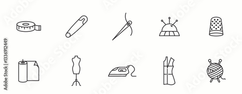 Cloth and Fabric line Icon Set. Feather, threaded, thread, butterfly, sheep . Vector Illustration.