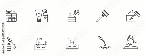 Skin Care Makeup line Icon Set. Beauty, hairbrush, salon, fashion . Vector Illustration.