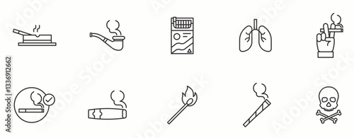 Smoking  line Icon Set. Tobacco, smoke, ack, pipe, ashtray, filter . Vector Illustration.