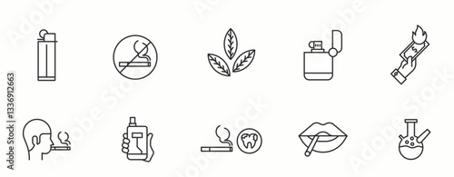 No Smoking line Icon Set. Danger, prohibition, puff, silhouette, tobacco, smoke  . Vector Illustration.