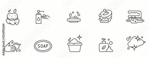 Body Soap line Icon Set. Freshness, skincare, water, shower  . Vector Illustration.