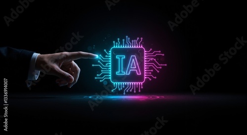 Agent IA. La main d’un homme d’affaires français touche un hologramme représentant une puce d’intelligence artificielle. Développement de l’IA en France
