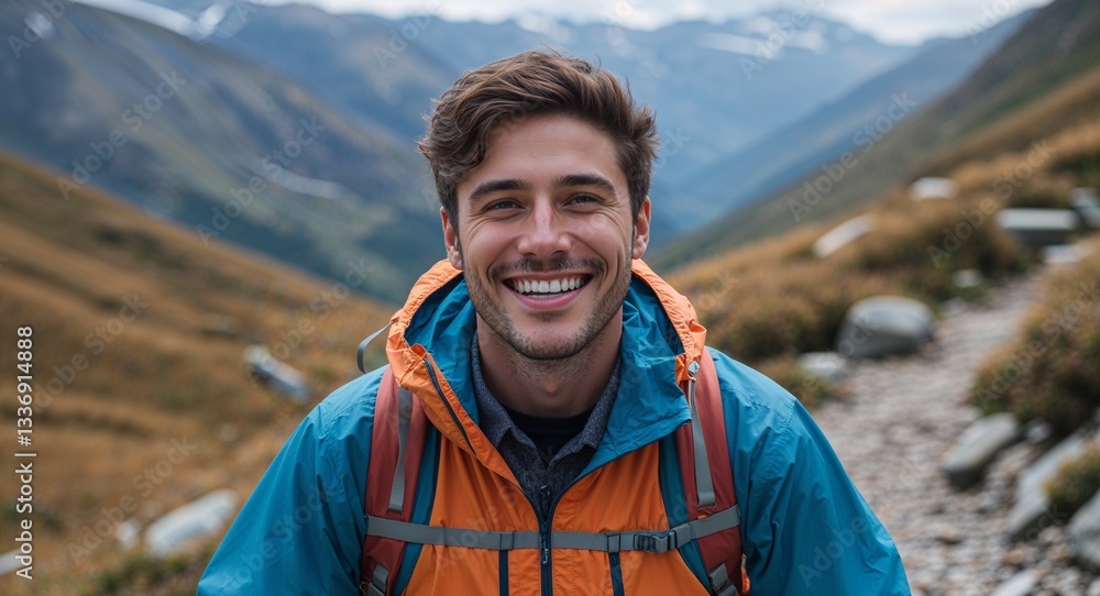 happy guy in windbreaker on mountain trail background happy guy in windbreaker on mountain trail background