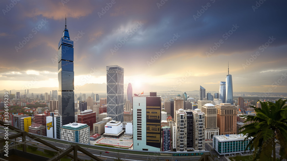 Obraz premium Morning city panorama in morden AI view
