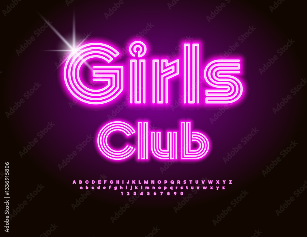 Fototapeta premium Vector Neon signboard Girls Club. Exclusive Glowing Font. Led Light Pink Alphabet Letters and Numbers set.
