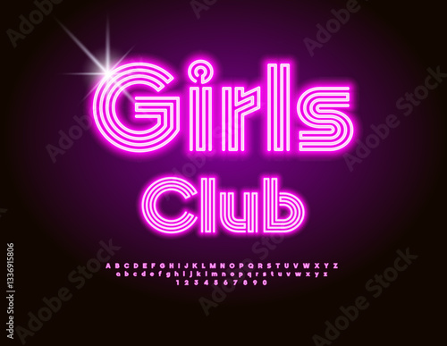 Vector Neon signboard Girls Club. Exclusive Glowing Font. Led Light Pink Alphabet Letters and Numbers set.