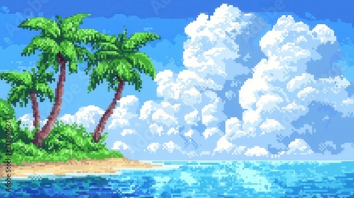 Tropical Island Paradise Pixel Art of Palm Trees Ocean and Sky