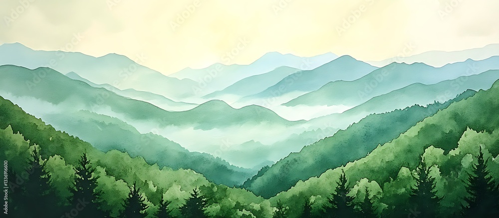 Misty mountain range, verdant slopes, scenic view