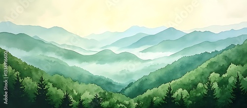 Obraz na płótnie Misty mountain range, verdant slopes, scenic view w salonie