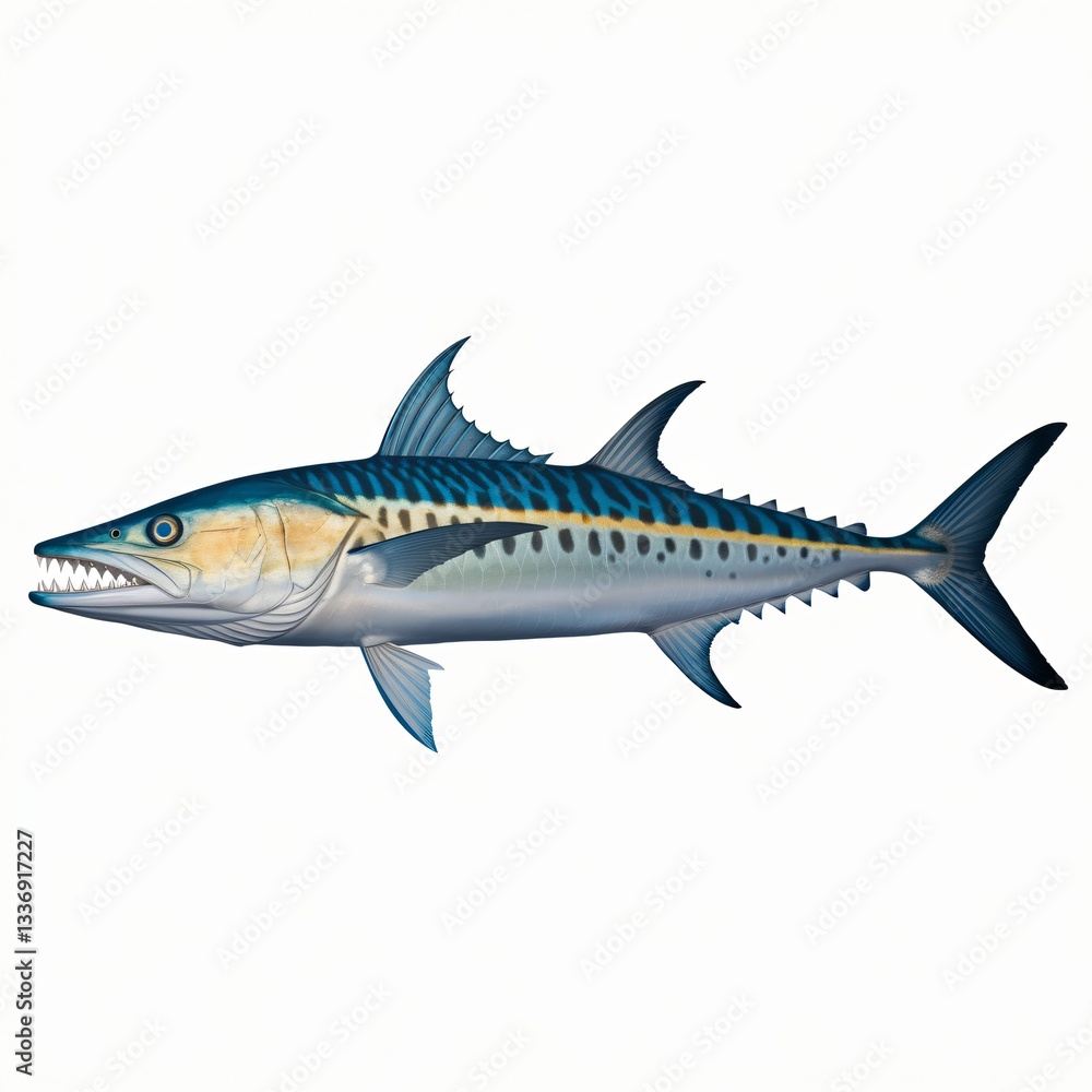 Naklejka premium Realistic Illustration of a Mackerel Fish with Blue-Green Coloration and Striped Pattern on a White Background.