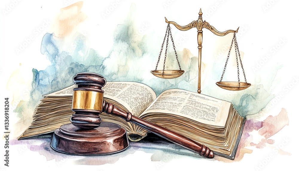 A creative watercolor illustration featuring a gavel, scales of justice, and an open legal book, symbolizing the ideals of law, fairness, and justice A creative watercolor illustration featuring a gavel, scales of justice, and an open legal book, symbolizing the ideals of law, fairness, and justice