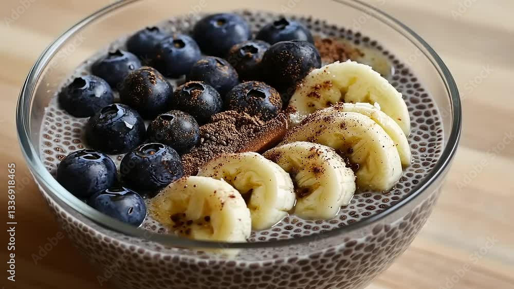 Healthy chia seed pudding topped with fresh blueberries and banana slices on a wooden table Healthy chia seed pudding topped with fresh blueberries and banana slices on a wooden table
