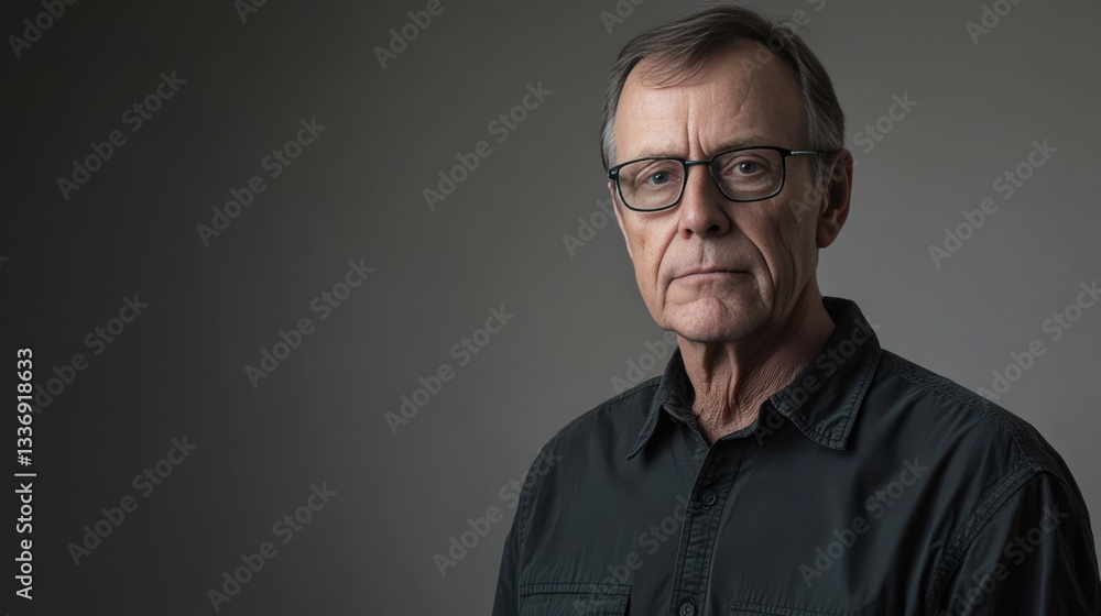 Fototapeta premium Portrait of a Thoughtful Older Man with Glasses Against a Neutral Background