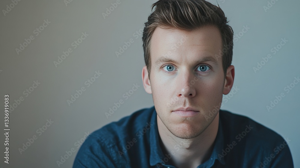 Fototapeta premium Portrait of a Thoughtful Young Man with Blue Eyes Against a Soft Background