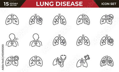 lung disease line icon set, such as copd, cough, bronchitis, spirometry and more. Editable stroke.